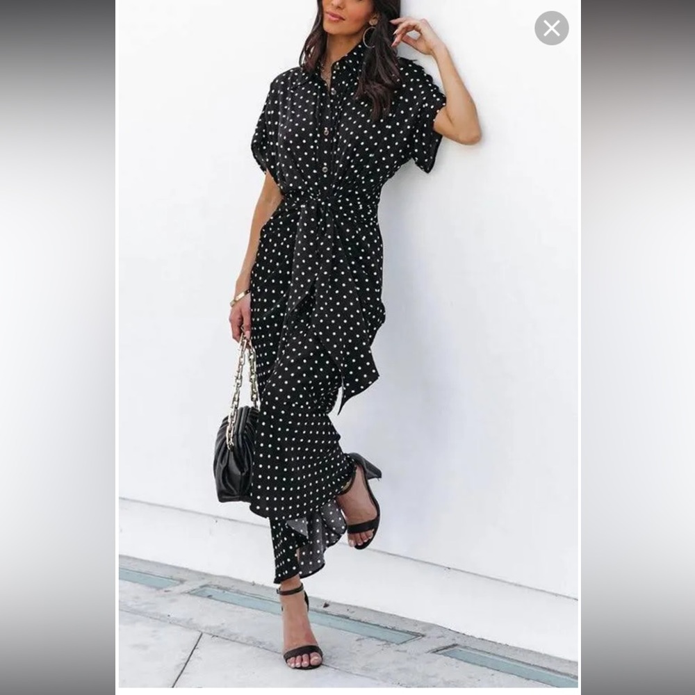 VICI Aurielle Polka Dot Tie Front Midi
Shirt Dress - Black XS